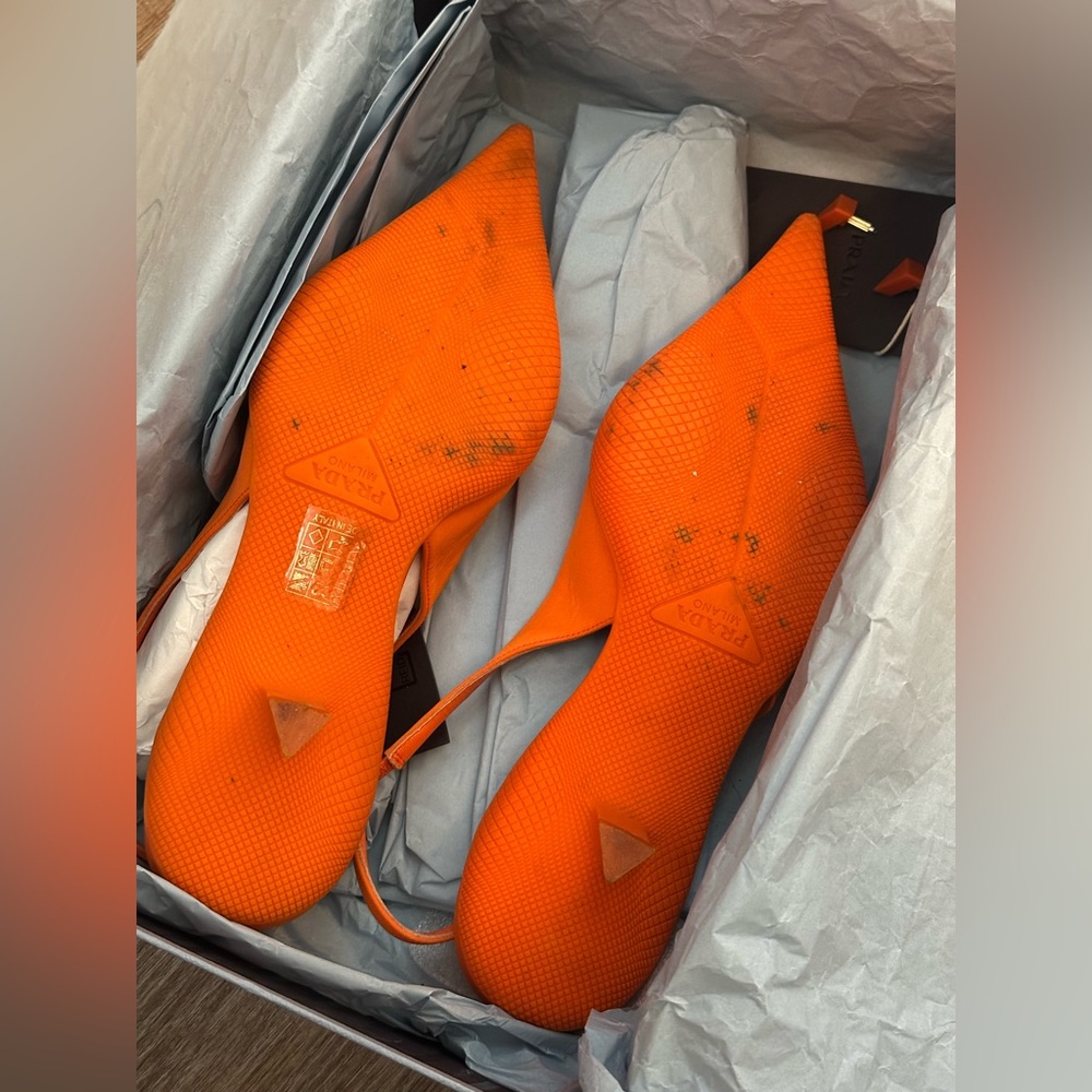 Prada Orange Pointed Nylon Slingback Heels - Picture 4 of 7